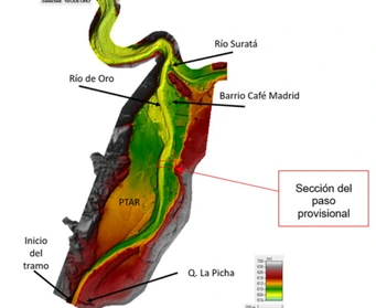 Mancha de inundación modelada sobre el tramo entre el río Suratá y el río de Oro.