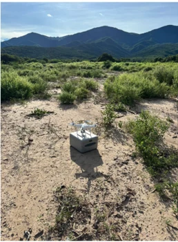 Punto de control topográfico materializado en terreno con la cordillera al fondo.